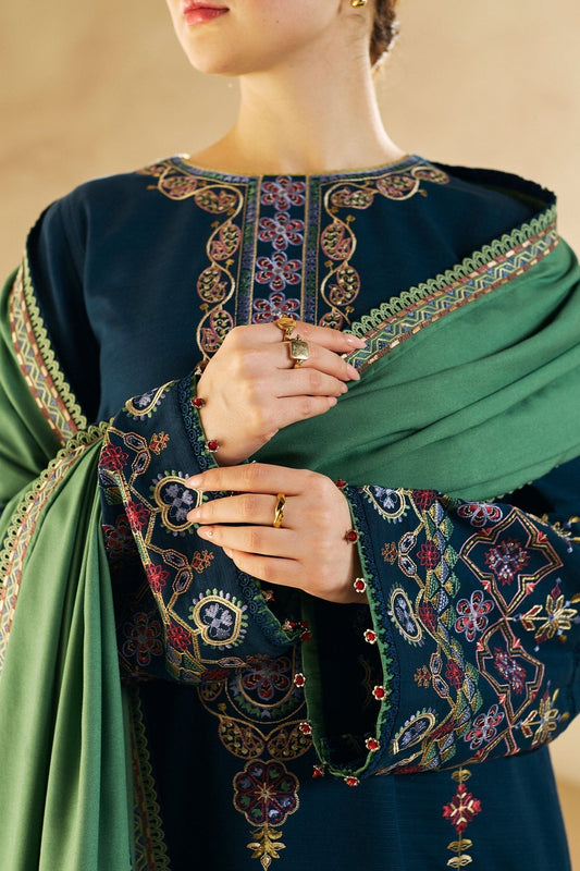 ZARA SHAHJAHAN - 3PC DHANAK EMBROIDERED SHIRT WITH DHANAK EMBROIDERED SHAWL AND TROUSER