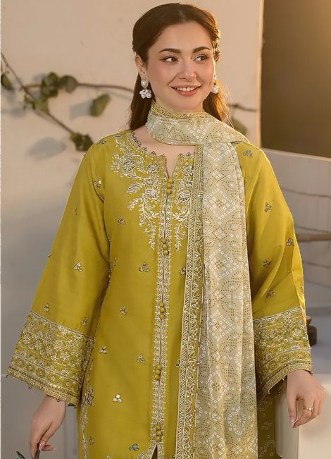 laam Embroidered Lemon Dhank 3 Piece Suit
