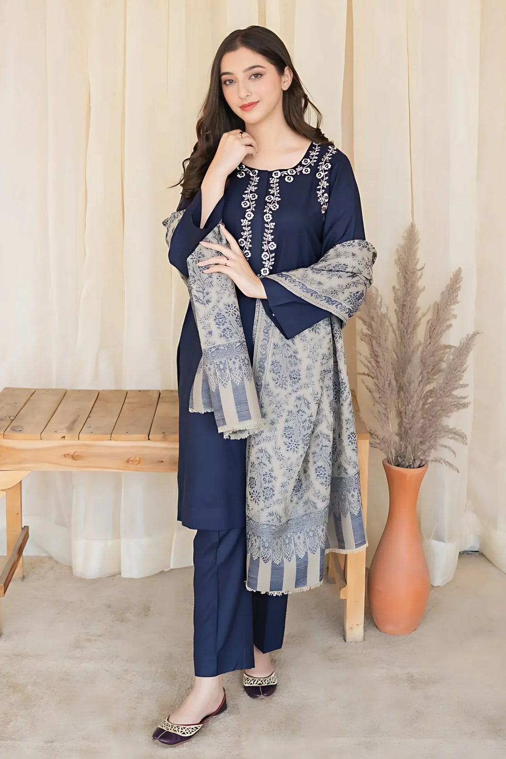 Blue Dhanak Embroidered 3piece With Woolen Duppata