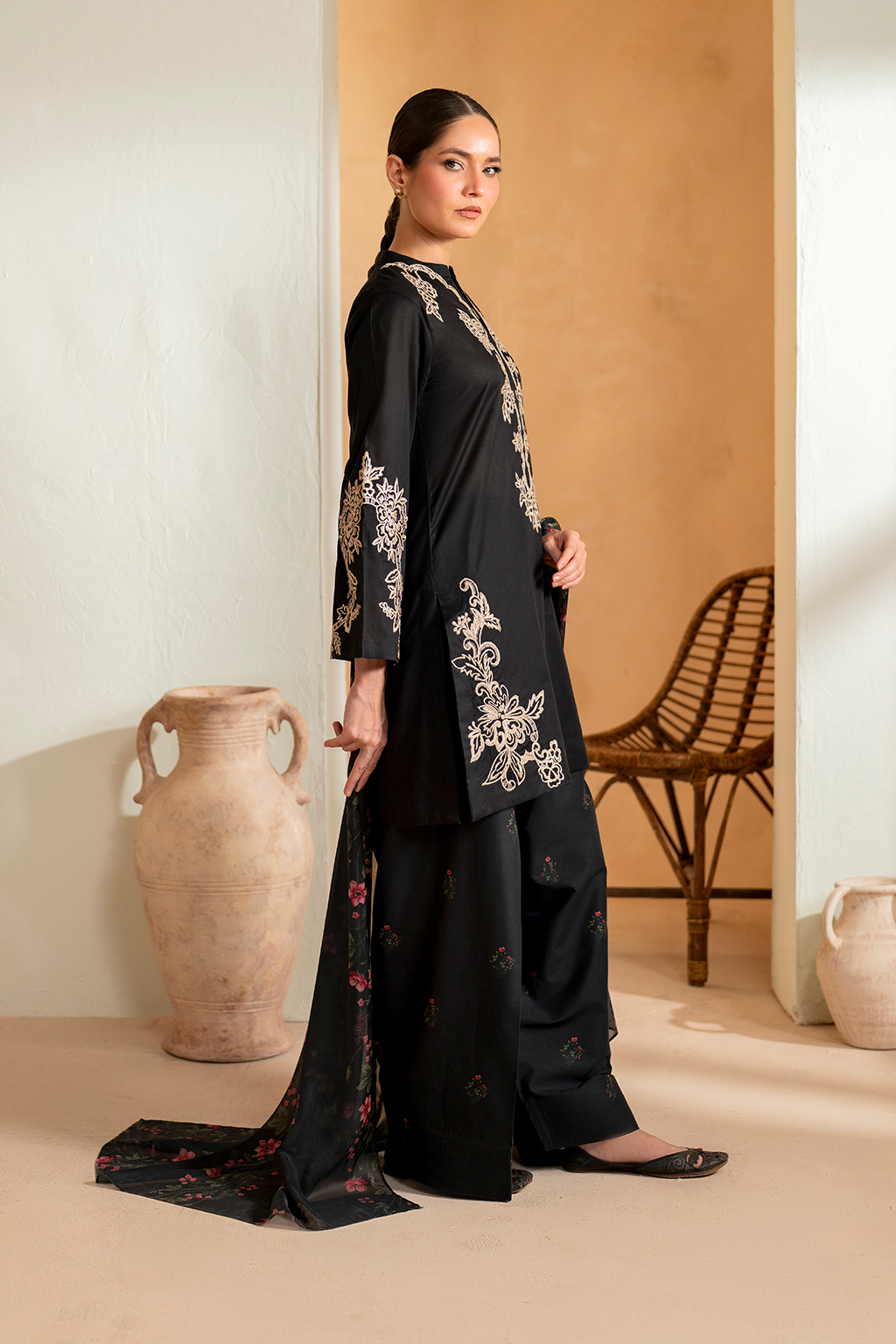 IZNIK - 3PC DHANAK EMBROIDERED SHIRT WITH DHANAK EMBROIDERED SHAWL AND TROUSER