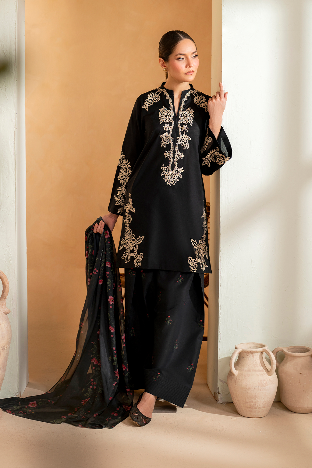 IZNIK - 3PC DHANAK EMBROIDERED SHIRT WITH DHANAK EMBROIDERED SHAWL AND TROUSER