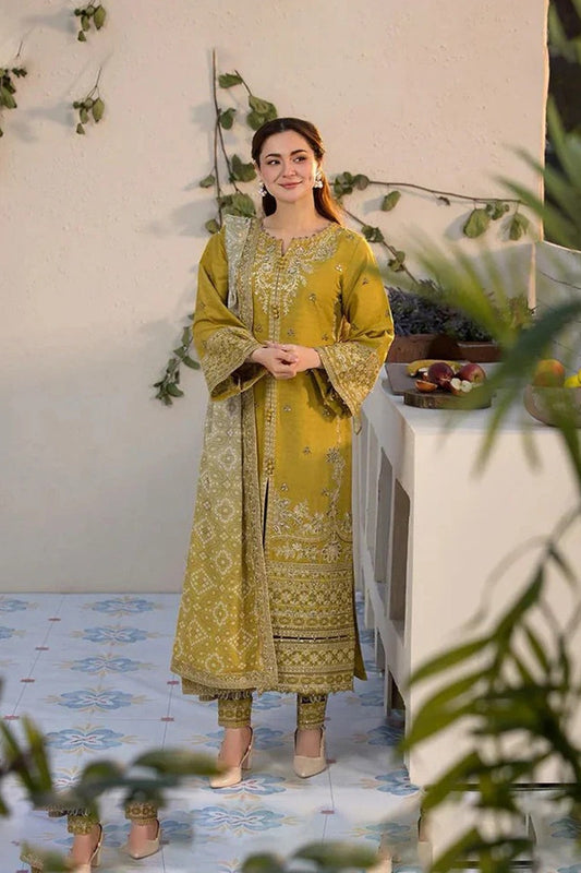 laam Embroidered Lemon Dhank 3 Piece Suit