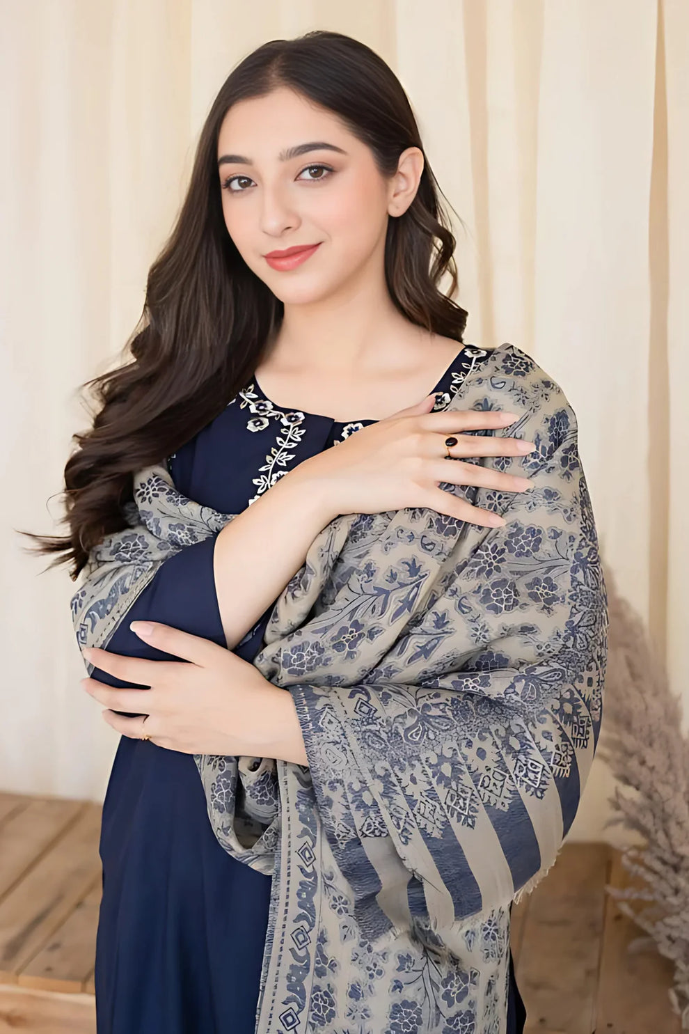 Blue Dhanak Embroidered 3piece With Woolen Duppata