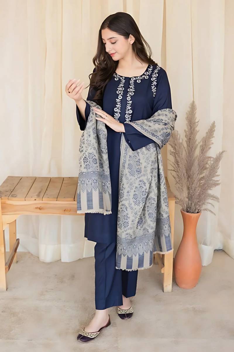 Blue Dhanak Embroidered 3piece With Woolen Duppata