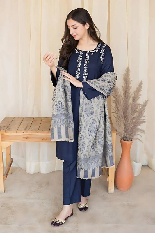 Blue Dhanak Embroidered 3piece With Woolen Duppata