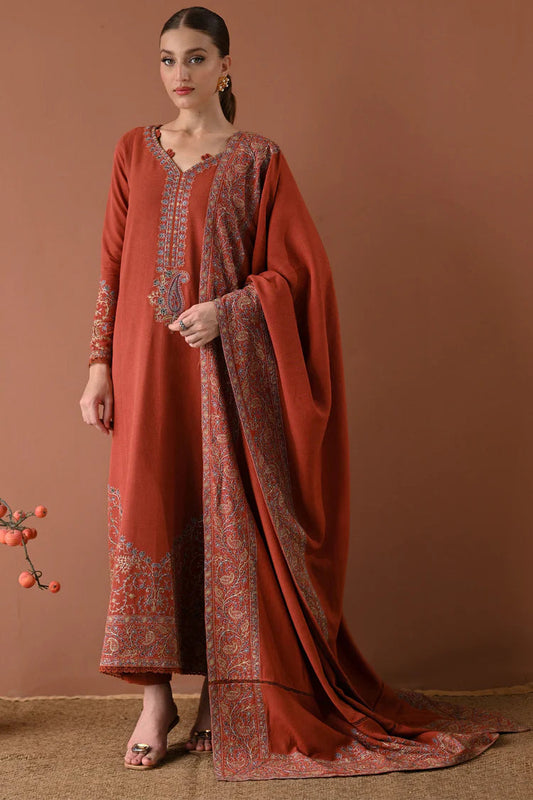 WINTER-3PC DHANAK EMBROIDERED SHIRT WITH DHANAK EMBROIDERED SHAWL AND TROUSER