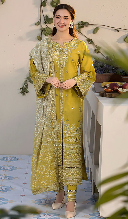 laam Embroidered Lemon Dhank 3 Piece Suit