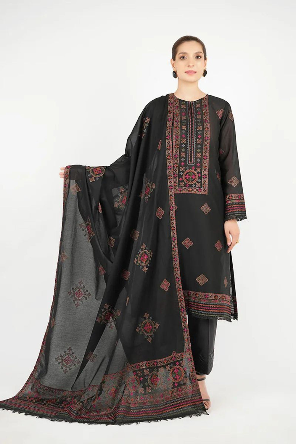 Bareeze 3PC Embroidered Dhanak Suit with Heavy Embroidered Shawal