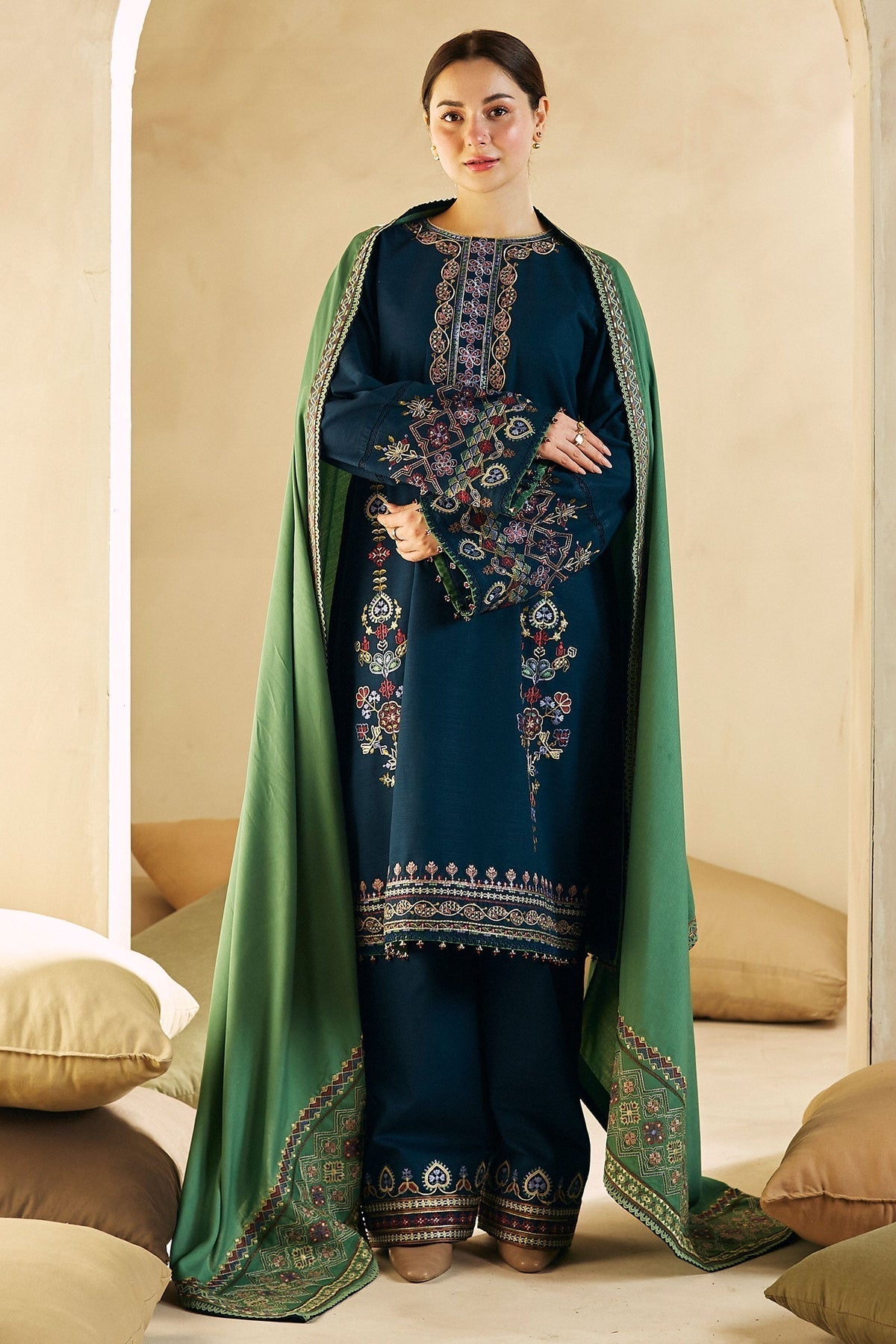 ZARA SHAHJAHAN - 3PC DHANAK EMBROIDERED SHIRT WITH DHANAK EMBROIDERED SHAWL AND TROUSER